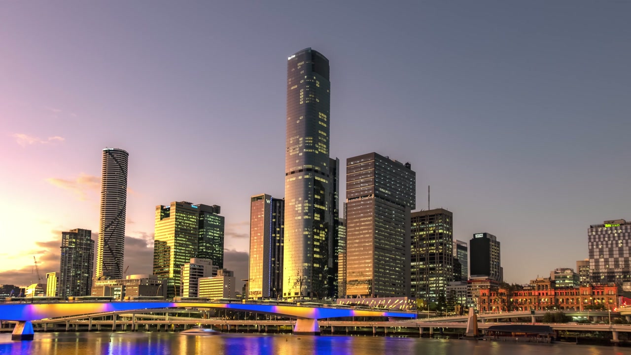 Brisbane riverfront skyline at sunset