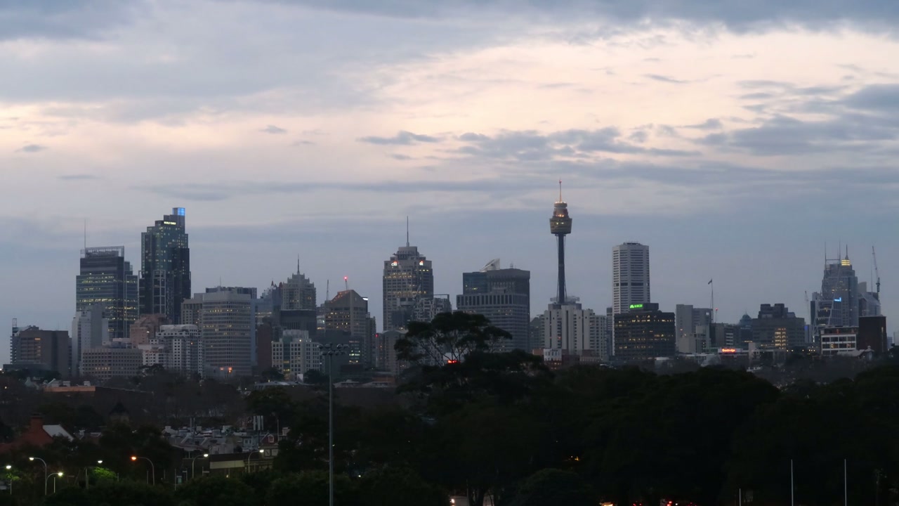 Sydney skyline and Sydney Tower at dusk