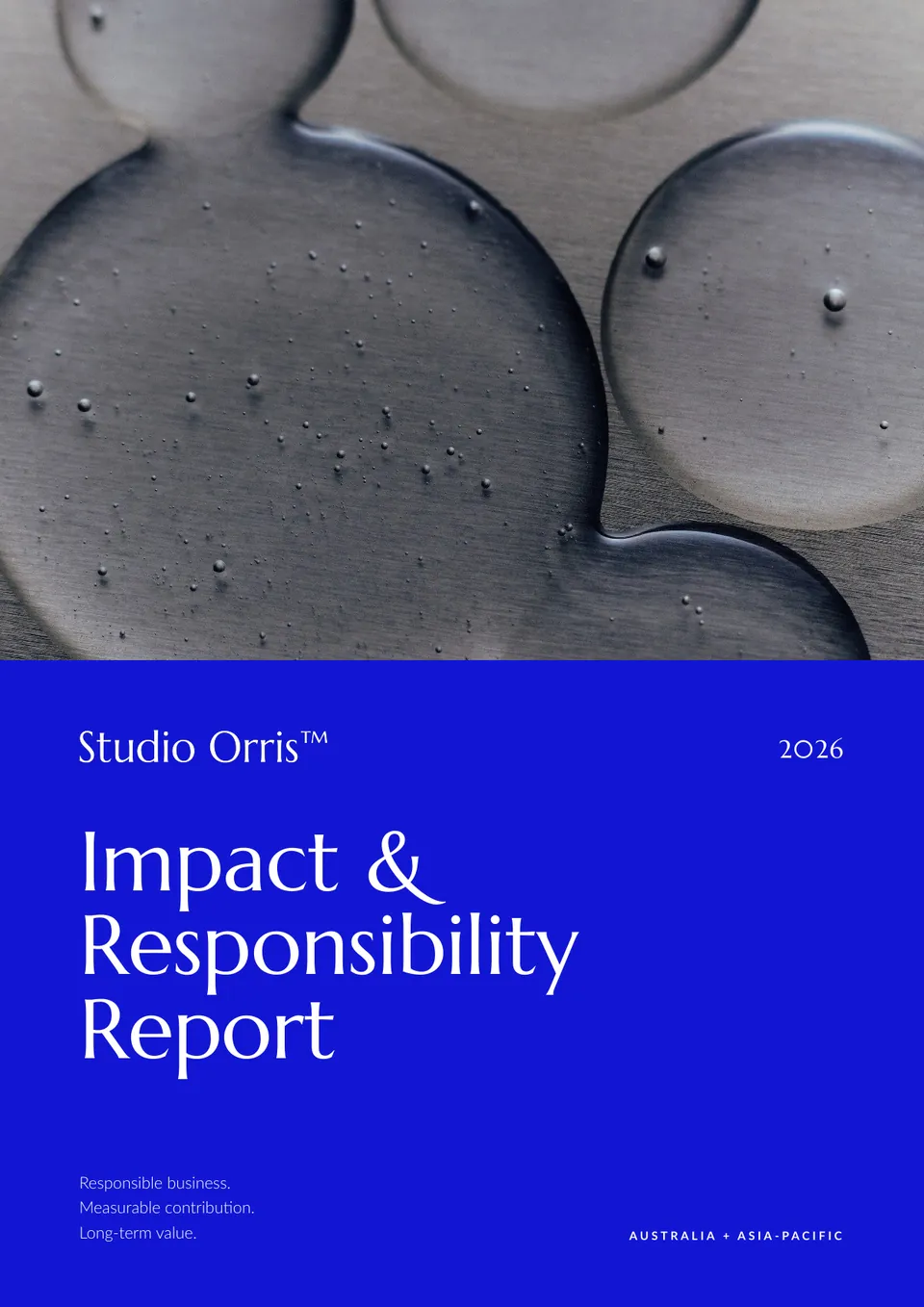 Cover of the Studio Orris Impact & Responsibility Report 2026: a close photograph of water droplets above a blue panel with the report title.