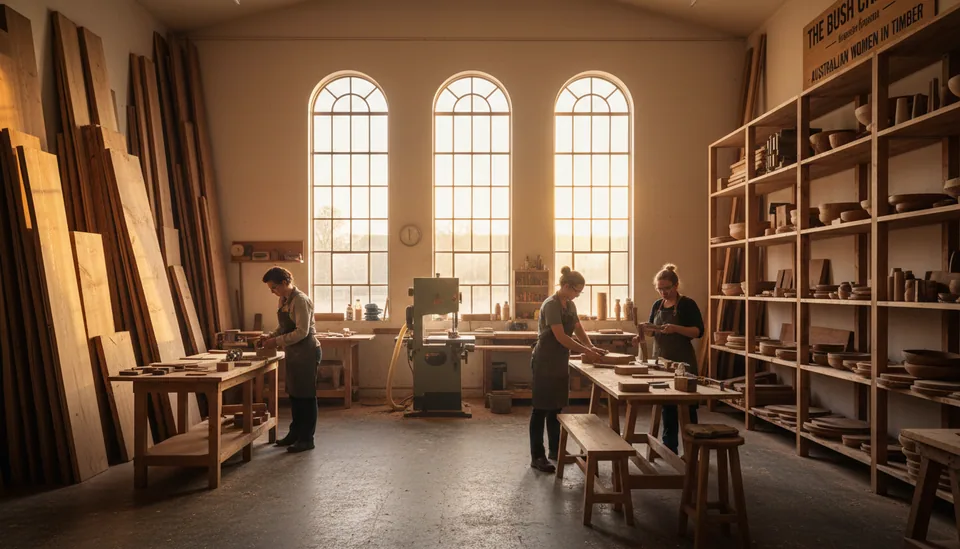 Wide-angle view of a regional workshop with timber materials stacked beside finished products.