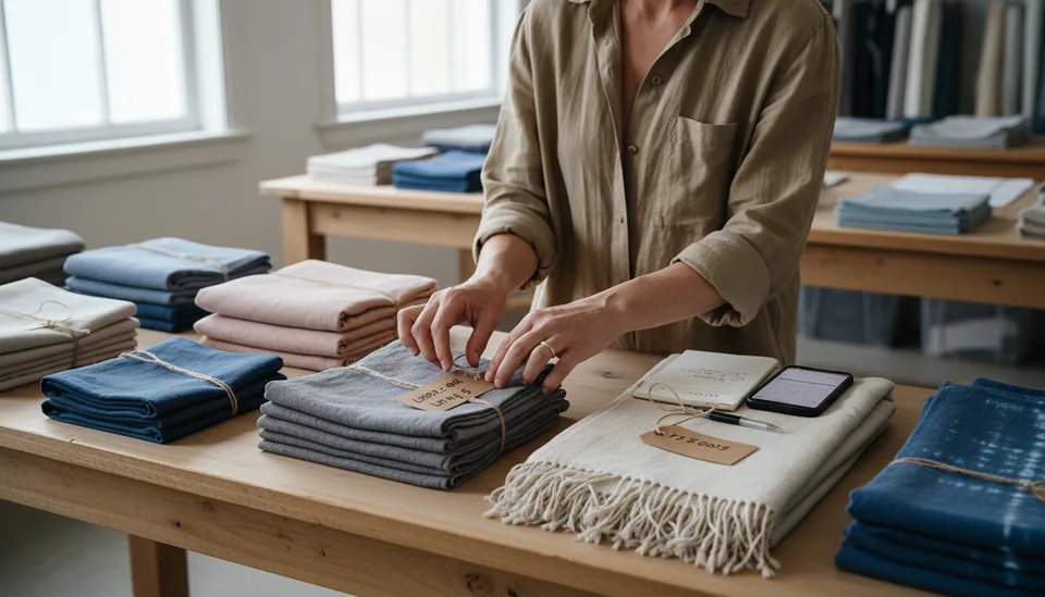 Close-up view of hands checking stock labels beside folded linen products.